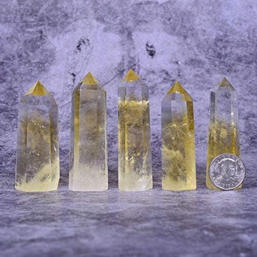 Angelstones Natural Citrine Gemstone Healing Crystal Hexagonal Pointed Reiki Chakra Faceted Prism Wand Carved Stone Figurine Home Decor