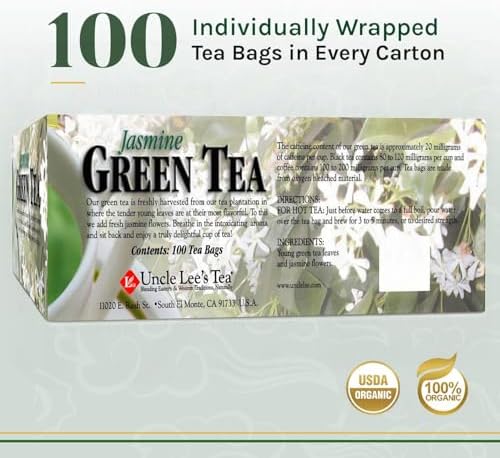 Uncle Lee’s Premium Green Tea with Jasmine Flowers, Lightly Caffeinated, 100 Count – Antioxidant-Rich Young Tea Leaves in Individually Wrapped Bags, 5.64 Oz