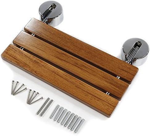 HomeAesthetics 20" Teak Wood Folding Wall Mounted Shower Seat Bench, Medical Wall Mount Foldable Fold Up Chair Bathroom Stool Foldaway Shower Seating, Clear Coated for Protection and Premium Smooth Fi