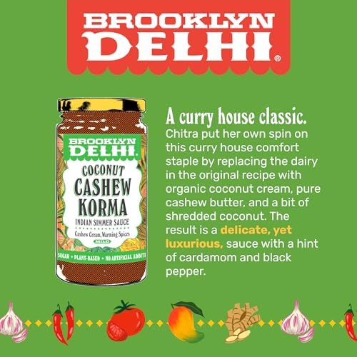 Brooklyn Delhi Coconut Cashew Korma - Indian Simmer Sauce with Cashew Cream and Warming Spices - 12 Ounces - Mild Enough for a kid, Flavorful Enough for a Foodie - Vegan - No Artificial Additives - Pack of 2