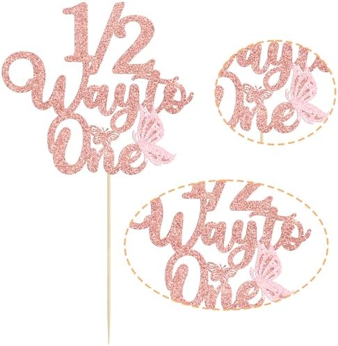 Gyufise 1Pc Butterfly 1/2 Way to One Cake Topper Glitter Happy 6 Months Birthday Cake Pick 1/2 Half Birthday Cake Decoration for Baby Half Year Old Party Decorations Supplies Rose Gold
