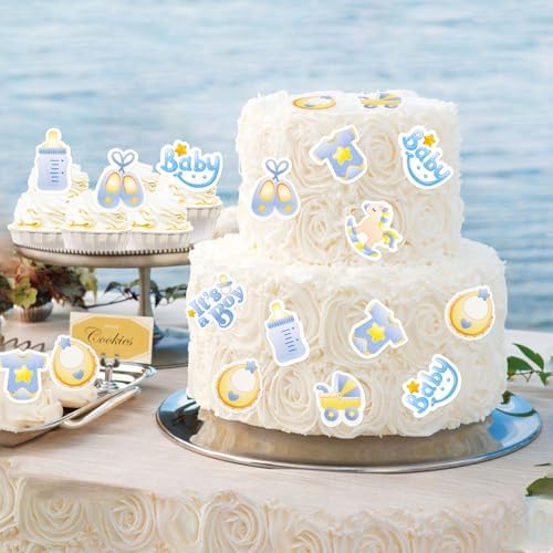 40 Pcs Edible Wafer Paper Baby Shower Cupcake toppers Picks It's a Boy Jumpsuit Gender Reveal Cupcake Picks Welcome Baby Shower Cake Decor for Baby Boy Birthday Theme Party Supplies