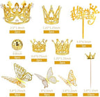 37 PCS Crown Cake Topper Mini Gold Crown Butterfly Disco Ball Decorations for Women Wedding Birthday Supplies (Gold)