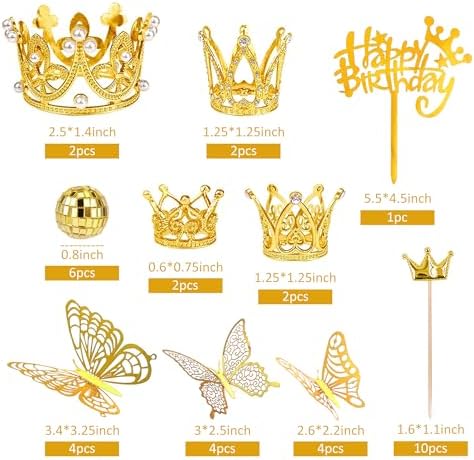 37 PCS Crown Cake Topper Mini Gold Crown Butterfly Disco Ball Decorations for Women Wedding Birthday Supplies (Gold)