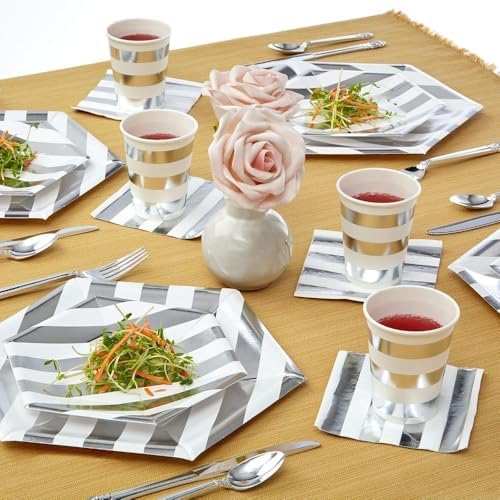 Striped White & Silver Disposable Paper Napkins - 5" x 5" (Pack of 36) - Perfect for Weddings, Parties & Special Occasions