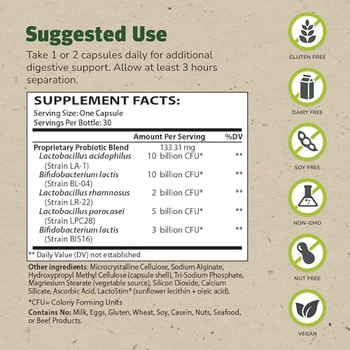 Master Supplements Theralac - 30 Capsules, Pack of 2 - Multi-Strain Probiotic for Optimal Gut Health + Gas & Bloating Relief - Gluten Free - 60 Servings