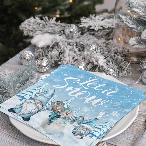 40Pcs Winter Gnome Napkins, Disposable Merry Christmas Dwarf Snowflake Napkins, Let it Snow Snowman Cocktail Napkins for Winter Holiday Christmas Dinner Party Supplies