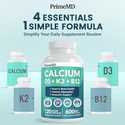 4-in-1 Calcium Supplements for Women & Men - Calcium Citrate with D3 K2 Vitamin 5000 IU - Calcium 600mg with Vitamin D3 K2 - Everyday Vitality Supplement - Vegan-Friendly, Gluten-Free (120 Capsules)
