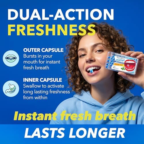 Papermints Coolcaps Liquid Burst Breath Mints. Dual-Action for Instant Fresh Breath + Gut Odor Control – Peppermint Flavor, Sugar Free, 0 Calories, Pocket Size - 4 Pack of 40 pieces - 160 Total
