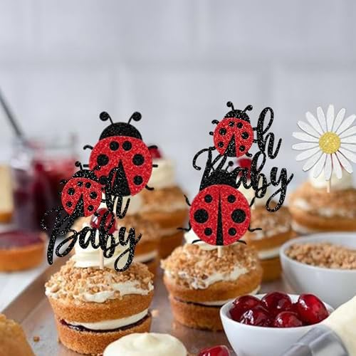 24 Pack Ladybug Oh Baby Cupcake Toppers Glitter Baby Birthday Insects Ladybug Cupcake Picks Baby Shower Kids 1st Birthday Flowers Party Cake Decorations Supplies