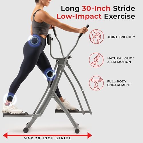 Sunny Health & Fitness Foldable Air Walk Elliptical, 30" inch Long Stride Full-Body Cardio Cross Trainer Glide Exercise for Home Office, SunnyFit App via Bluetooth with Optional Adjustable Resistance