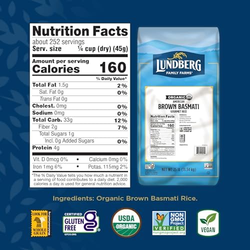 Lundberg Organic Long-Grain Brown Basmati Rice, Bulk – Non-Sticky, Fluffy & Aromatic, Responsibly Grown in California, 25 Lbs