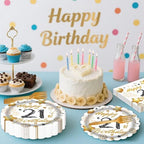 60 Pcs 21st Birthday Decorations White gold Paper Plates and Napkins Forks Party Tableware for Men Women Birthday Party Decorations,Serve 20