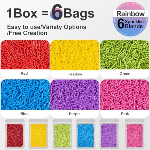 HUEBEATY® 6-in-1 Rainbow Jimmies Sprinkles Bulk – 180g Neon Edible Sprinkles for Cake Decorating, Cupcakes, Cookies, Ice Cream & Birthday Desserts – Edible Candy Toppers & Rainbow Cake Decorations