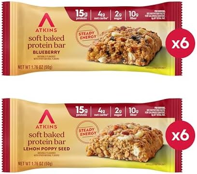 Atkins Soft Baked High Protein Bars, Lemon Poppyseed & Blueberry Flavors, 15g Protein, 4g Net Carbs, 2g Sugar, Keto Snacks, Low Sugar Protein Bars, High Fiber Snacks, 12 pk (6 bars each flavor)