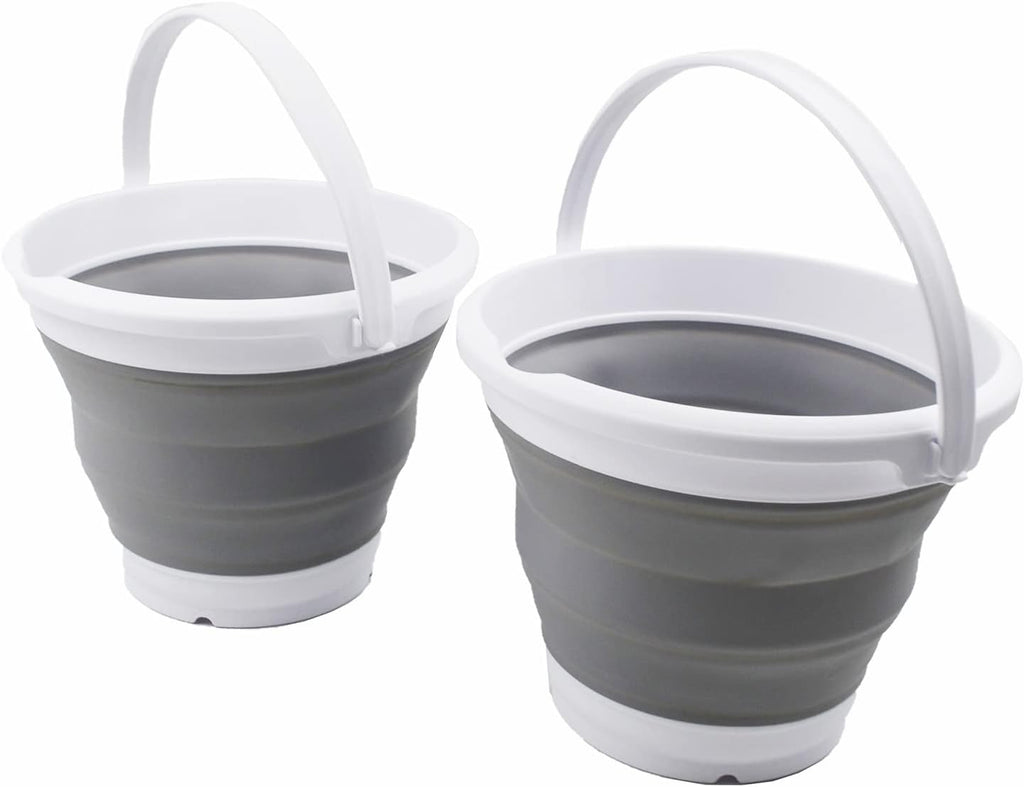 SAMMART 5.5L (1.4 Gallon) Set of 2 Collapsible Plastic Bucket - Foldable Round Tub - Portable Fishing Water Pail - Space Saving Outdoor Waterpot. (White/Grey)