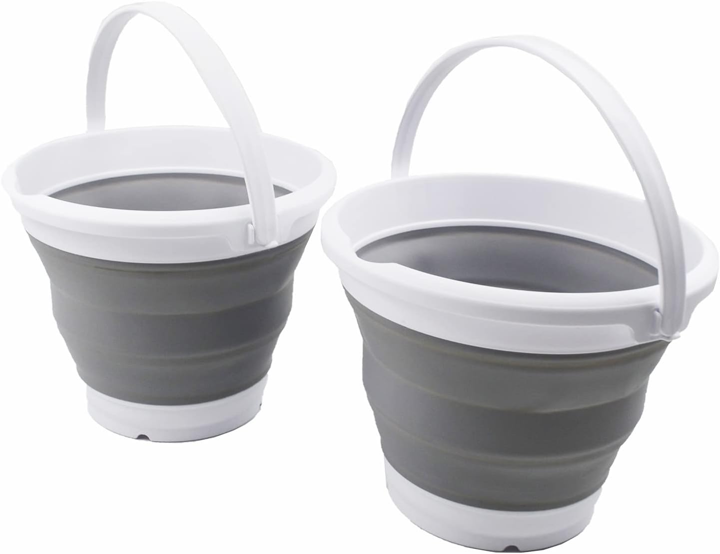 SAMMART 5.5L (1.4 Gallon) Set of 2 Collapsible Plastic Bucket - Foldable Round Tub - Portable Fishing Water Pail - Space Saving Outdoor Waterpot. (White/Grey)