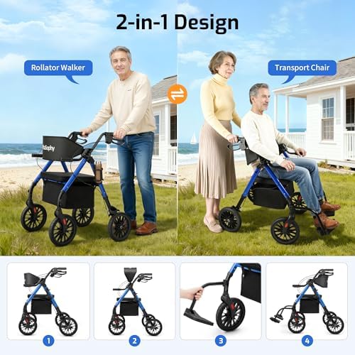 2 in 1 Rollator Walker for Seniors with Seat, Walker Wheelchair Combo, Transport-Wheelchair-Lightweight-Foldable with Adjustable Seat and Handle, 300 Lb. Weight Capacity, Blue