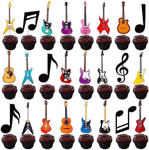 24pcs Guitar Cupcake Toppers Music Notes Rock Birthday Cake Picks Party Decorations for Guitar Player Theme Baby Shower Supplies