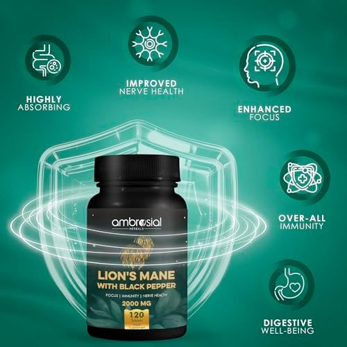 AMBROSIAL Lion's Mane with Black Pepper - 2000 mg Pack of 1-120 Tablets
