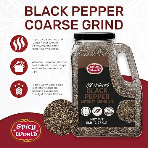 Black Pepper Ground Coarse 5 LB Bulk Jar Butcher Grind #12 – Premium Ground Black Peppercorns, All Natural, Gluten Free, Steam Sterilized – Restaurant Supply & BBQ Seasoning by Spicy World