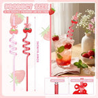 24 Pcs Pink Bow Strawberry Straws Bow Strawberry Birthday Party Decor 10.4'' Reusable Plastic Drinking Straws for Summer Berry Sweet Fruit Birthday Bridal Baby Shower Wedding Party Supplies