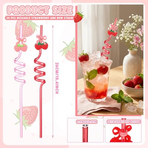 24 Pcs Pink Bow Strawberry Straws Bow Strawberry Birthday Party Decor 10.4'' Reusable Plastic Drinking Straws for Summer Berry Sweet Fruit Birthday Bridal Baby Shower Wedding Party Supplies