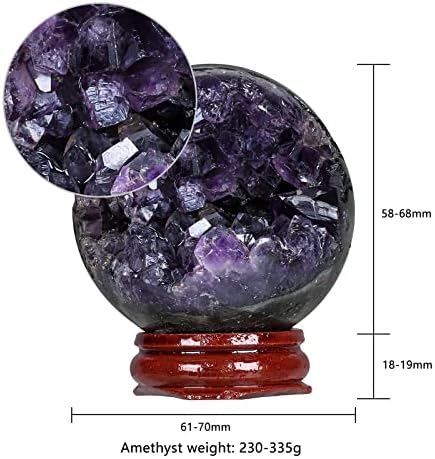 Rockcloud Natural Amethyst Druzy Geode Crystal Ball Healing Stone Sphere Ball for Home Decoration Meditation with Wooden Base, 2.40-2.76 inches