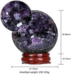 Rockcloud Natural Amethyst Druzy Geode Crystal Ball Healing Stone Sphere Ball for Home Decoration Meditation with Wooden Base, 2.40-2.76 inches