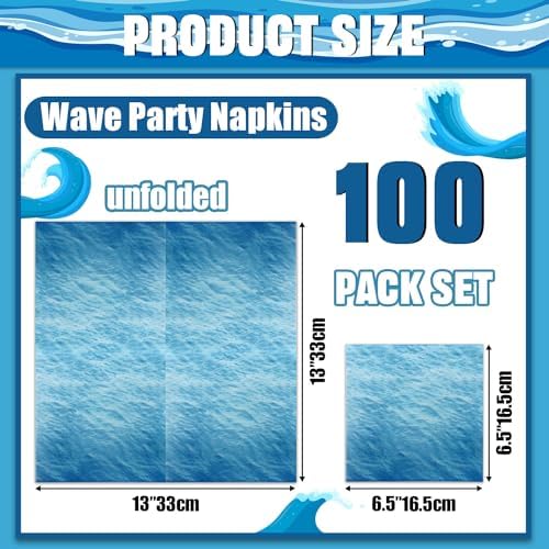 100Pcs Ocean Wave Napkins 13 x 13inch Blue Paper Napkins Sea Party Supplies Napkins for Beach Ocean Sea Party Birthday Baby Shower Under the Sea Beach Pool Theme