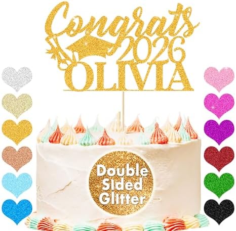 EDSG Personalized Graduation Cake Topper, Class of 2026 Double Sided Glitter Card Congrats Grad Cap Decorations for Graduation Party Supplies (Gold)