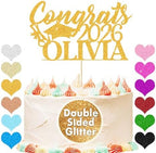 EDSG Personalized Graduation Cake Topper, Class of 2026 Double Sided Glitter Card Congrats Grad Cap Decorations for Graduation Party Supplies (Gold)