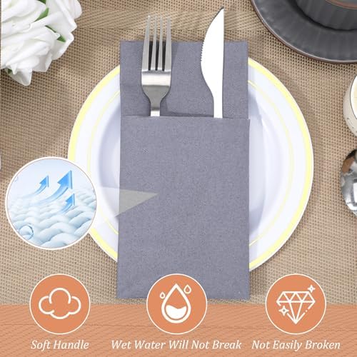 50 Pcs Linen Feel Napkins, Disposable Airlaid Paper Napkins Linen Feel Napkin Disposable Grey with Built in Flatware Pocket for Silverware Valentine Wedding Party Christmas Day, Dusty Grey