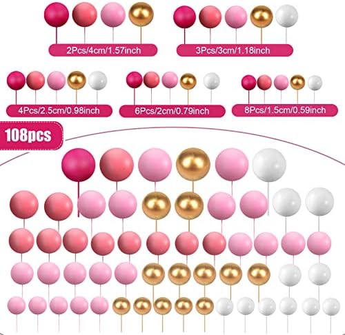 108 Pcs Balls Cake Topper DIY Cupcake Insert Foam Balloons for Cake Baking Wedding Anniversary Birthday Decoration(Pink Series, White, Gold,Multi Sizes)