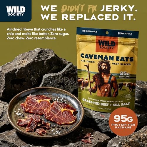 Wild Society - Caveman Eats - Grass Fed Ribeye Steak Slices - 95g Protein - Only Steak & Salt - 2 Ingredients - Air dried Beef Jerky Carnivore Snacks Crisps - Sugar Free, Gluten Free, Keto, Paleo (5oz)