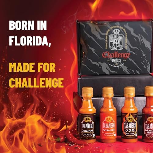 Tabañero Challenge Box, Hot Sauce Gift Set, 4 Pack, Original, Extra, XXX Hot and Dragon's Breath, 1.7 oz Mini Glass Bottles, Gluten Free, All Natural, Low Sodium, Vegan, Kosher, Made in the USA