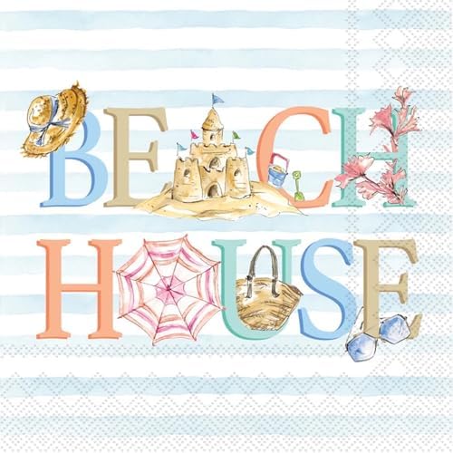 IHR Ideal Home Range Cocktail Napkins Disposable 3-Ply Paper Party Supplies, 5" x 5", Beach House, 20-Count