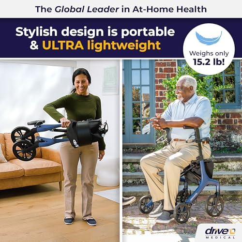 Drive Medical AeroWalk Ultra-Lite Rollator with Seat, Lightweight Adult Walkers with 4 Wheels, Folding Rolling Walker for Women, Men and Seniors, 15.2 Pounds, 23 Inch Seat Height, Blue
