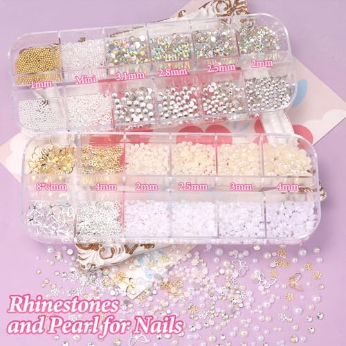 3 Boxes Flower Nail Charms and Gems, 3D White Resin Bow Tie Flower Nail Art Charms, White Beige Pearls Gold Silver Caviar Beads and Rhinestone Gems for Women Nail DIY Accessories with Pickup Tools