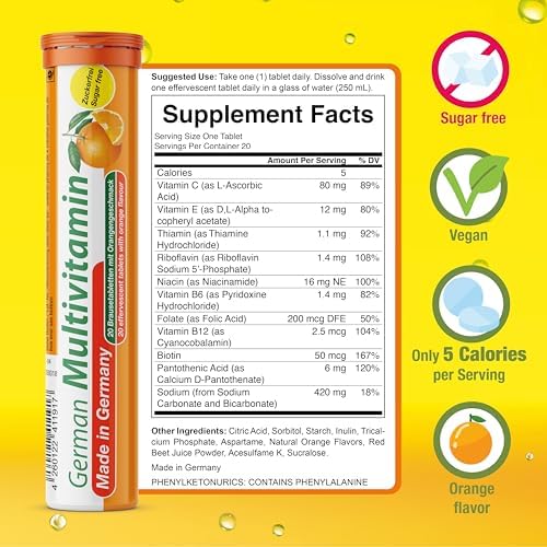 T&D German Multvitamin 10 Vitamins - 40 Vegan Drink Effervescent Tablets - Orange Flavor - Made in Germany