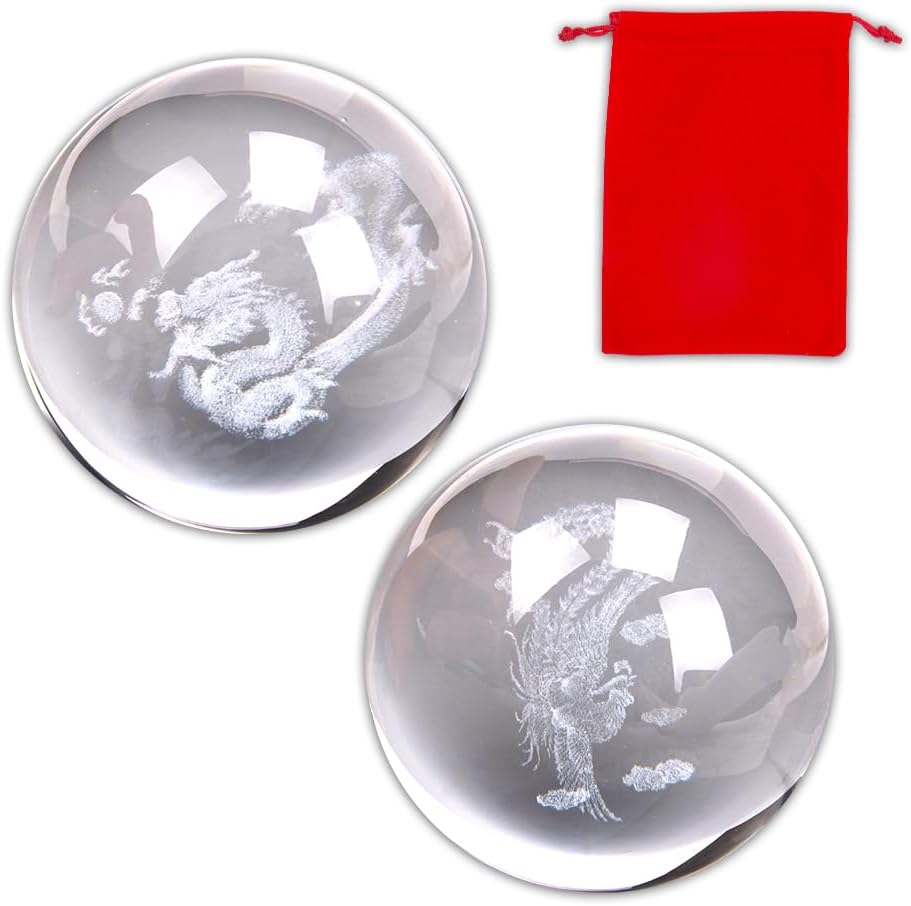 ZORZA 2Pcs Baoding Balls for Hand Therapy Chinese Health Exercise Stress Balls Dragon and Phoenix Crystals Balls for Hand Massage,Stress Relief and Exercise (1.97inch)