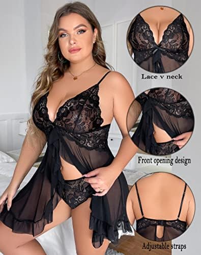 Plus Size Sexy Lingerie for Women Lace Babydoll Floral Mesh Ruffle Sheer Nightgown V Neck Chemise Sleepwear