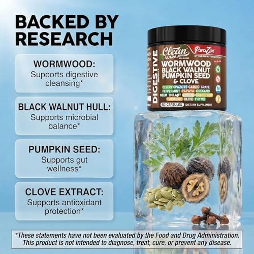 Clean Nutra Wormwood Black Walnut Pumpkin Seed Clove Oil Celery Garlic Grape Papaya Neem Diatomaceous Earth Womens Probiotic Gut Health Cleanse Detox Oregano Olive Turmeric Supplement Vegan Capsules
