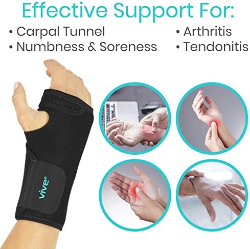 Vive Wrist Brace - Carpal Tunnel Hand Compression Support Wrap for Men, Women, Tendinitis, Bowling, Sports Injuries Pain Relief - Removable Splint - Universal Ergonomic Fit (Black, Right)