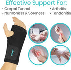 Vive Wrist Brace - Carpal Tunnel Hand Compression Support Wrap for Men, Women, Tendinitis, Bowling, Sports Injuries Pain Relief - Removable Splint - Universal Ergonomic Fit (Black, Right)
