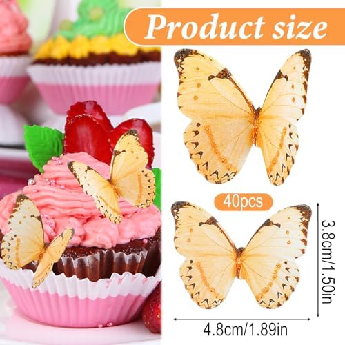 40 Pcs Edible Butterflies Cupcake Toppers Yellow Butterfly Cake Decorations Cupcake Picks for Butterfly Theme Wedding Baby Shower Birthday Party Cake Decorations Supplies