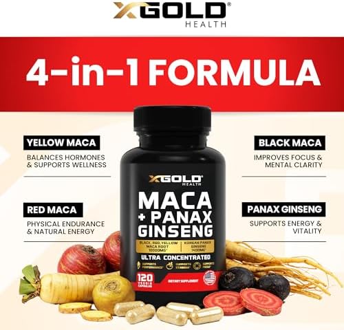 Maca Root Capsules 10,000mg + Korean Panax Ginseng 1,400mg - 20x Concentrated Extract Black + Red + Yellow Maca Root, 10x Concentrated Extract Panax Ginseng Capsules - Ultra Potent & Highly Purified