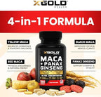 Maca Root Capsules 20:1 Extract + Korean Panax Ginseng10:1 Extract - 20x Concentrated Black + Red + Yellow Maca Root, 10x Concentrated Panax Ginseng Capsules - Ultra Potent & Highly Purified