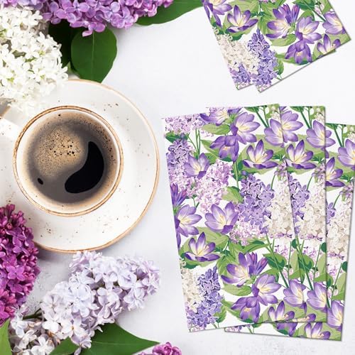 40Pcs Lilac Guest Napkins, Purple Floral Disposable Paper Napkins with Violet Bellflowers & Lilac Blossom Patterns, 4.5x8 Inch for Wedding, Bridal Shower, Afternoon Tea, Bathroom, Garden Party