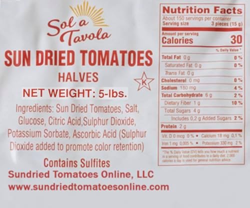Sun-Dried Tomatoes, Ready to Eat, Brilliant Red Color | Moist Chewy Texture | Nutritious | Healtful | Flavorful | Kosher | Vegan | Keto | Paleo | Naturally Gluten-Free, 5lbs